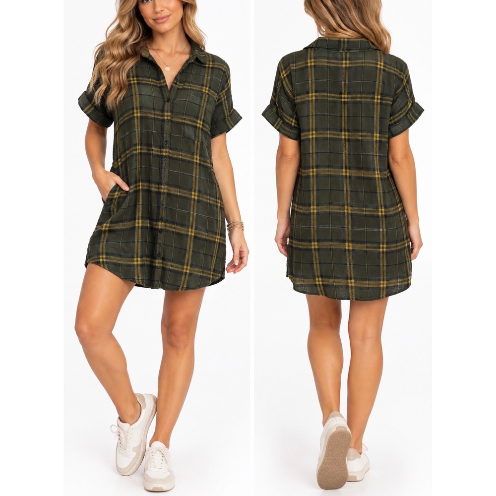 Known Supply Shirt Dress Womens Medium Olive Green Plaid Flannel Organic Cotton